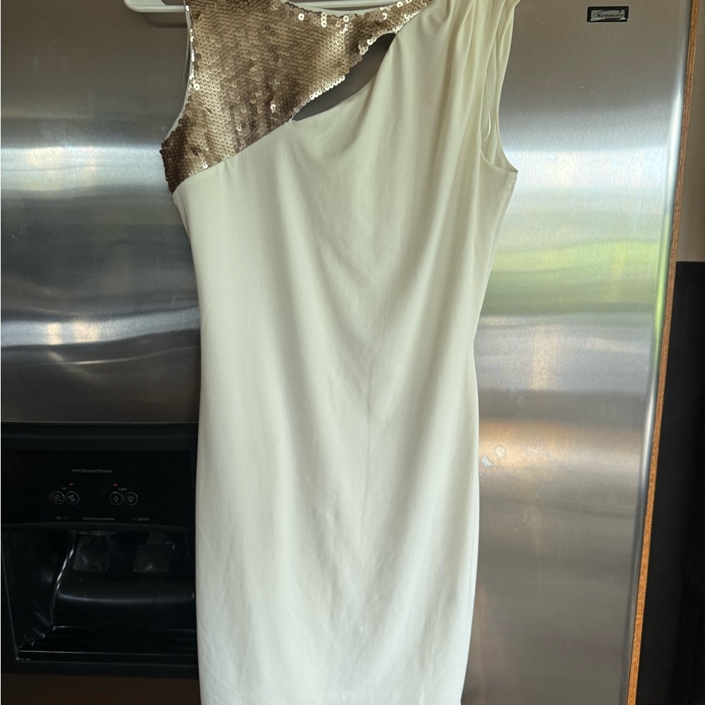Jennifer Lopez One Shoulder White and Gold Dress